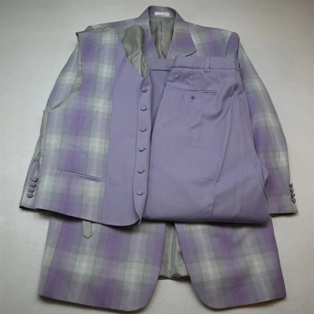 Stacy Adams 44R 36x30 Lavander Purple Check 3 Piece Vest Mens Jacket Pants Suit